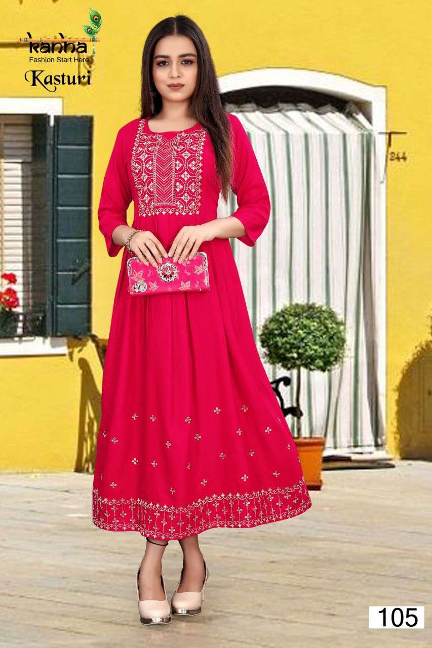 KASTURI BY KANHA 101 TO 106 SERIES DESIGNER STYLISH FANCY COLORFUL BEAUTIFUL PARTY WEAR & ETHNIC WEAR COLLECTION RAYON EMBROIDERY KURTIS AT WHOLESALE PRICE