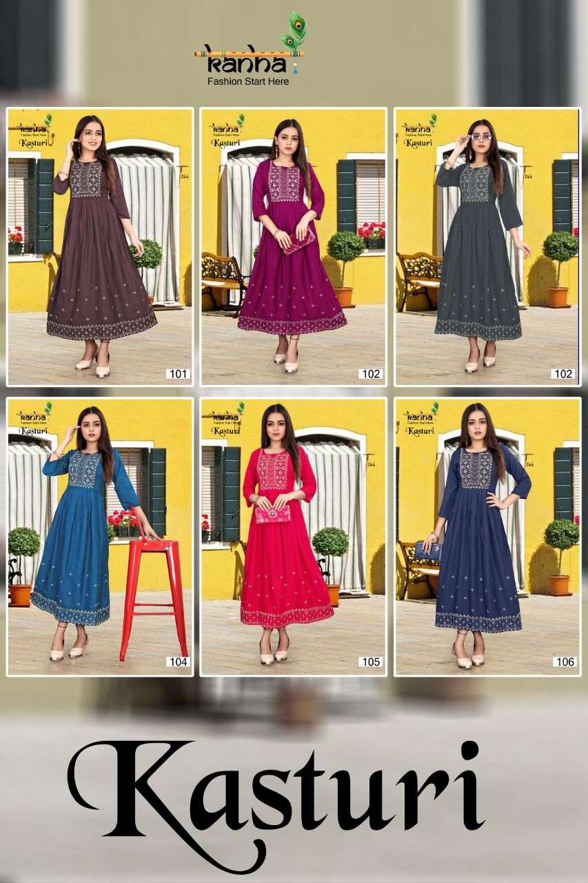KASTURI BY KANHA 101 TO 106 SERIES DESIGNER STYLISH FANCY COLORFUL BEAUTIFUL PARTY WEAR & ETHNIC WEAR COLLECTION RAYON EMBROIDERY KURTIS AT WHOLESALE PRICE