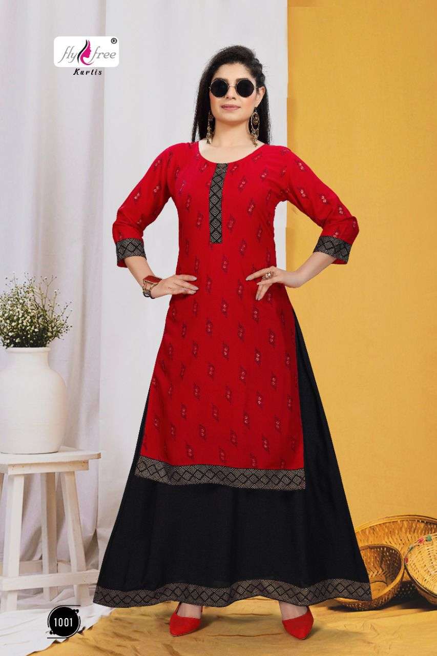 KANAK BY FLY FREE 1001 TO 1008 SERIES DESIGNER STYLISH FANCY COLORFUL BEAUTIFUL PARTY WEAR & ETHNIC WEAR COLLECTION RAYON KURTIS WITH BOTTOM AT WHOLESALE PRICE