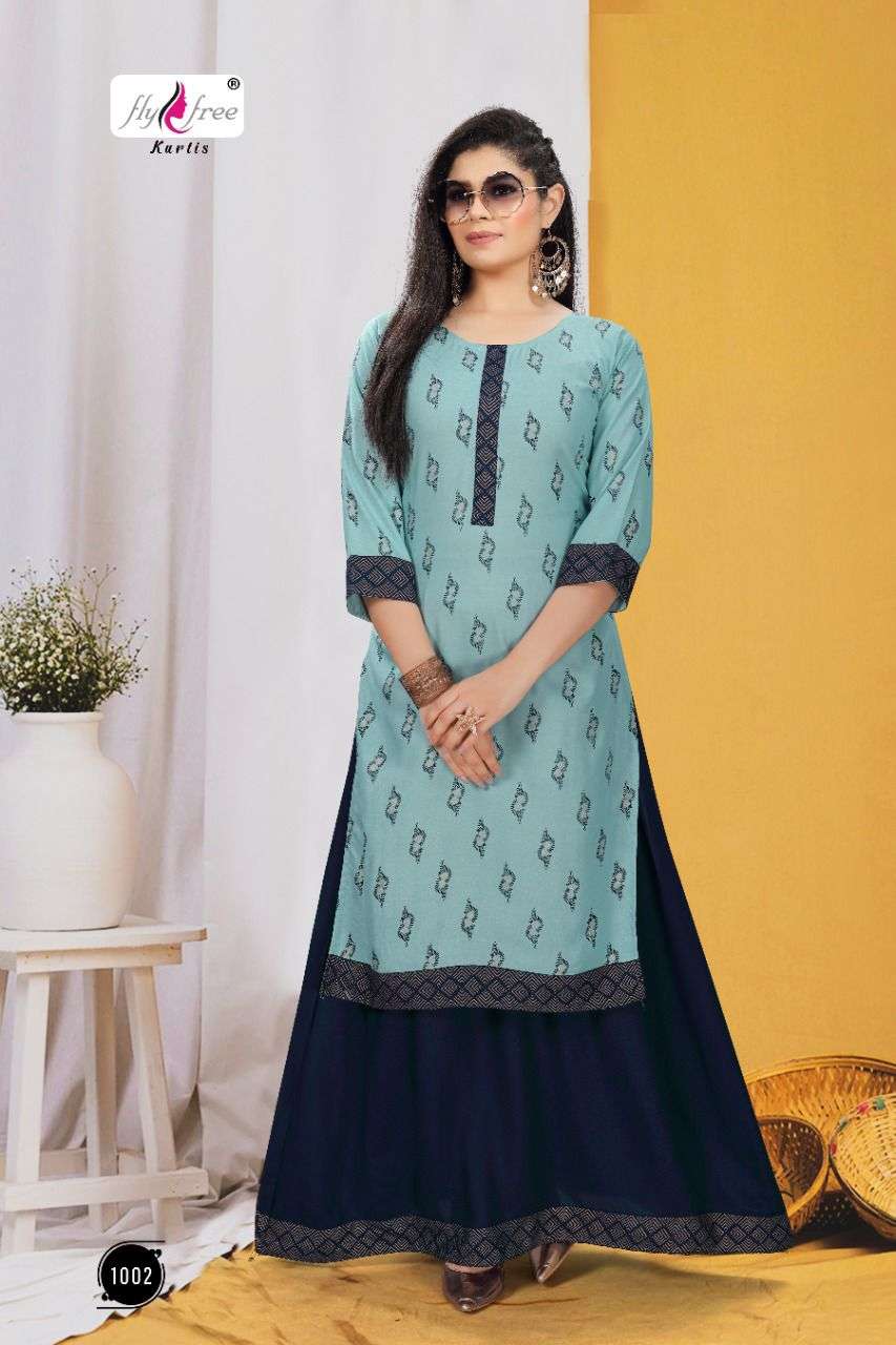 KANAK BY FLY FREE 1001 TO 1008 SERIES DESIGNER STYLISH FANCY COLORFUL BEAUTIFUL PARTY WEAR & ETHNIC WEAR COLLECTION RAYON KURTIS WITH BOTTOM AT WHOLESALE PRICE