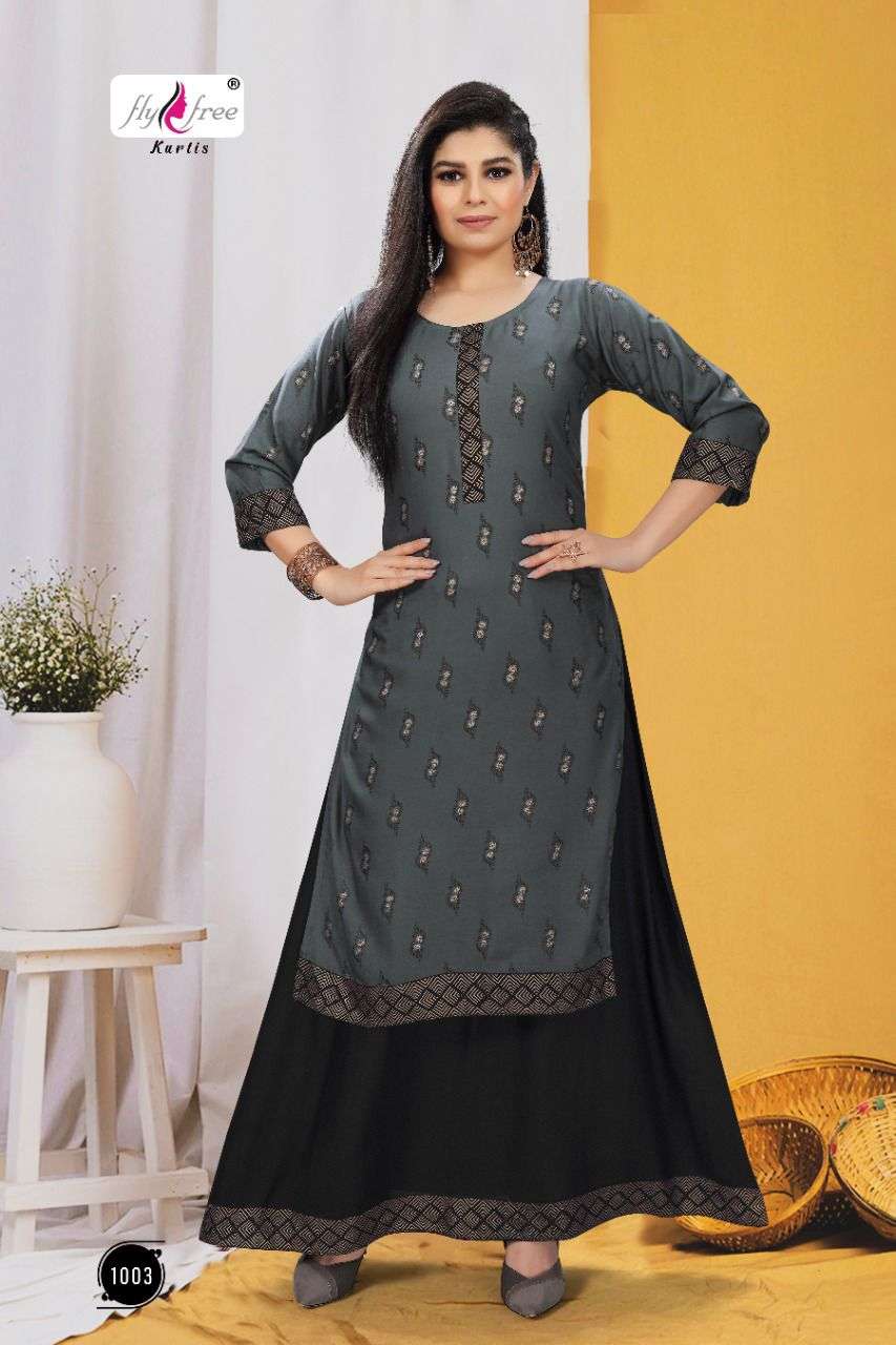 KANAK BY FLY FREE 1001 TO 1008 SERIES DESIGNER STYLISH FANCY COLORFUL BEAUTIFUL PARTY WEAR & ETHNIC WEAR COLLECTION RAYON KURTIS WITH BOTTOM AT WHOLESALE PRICE