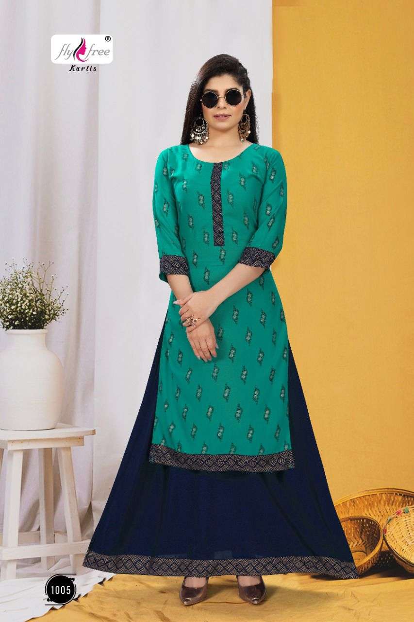 KANAK BY FLY FREE 1001 TO 1008 SERIES DESIGNER STYLISH FANCY COLORFUL BEAUTIFUL PARTY WEAR & ETHNIC WEAR COLLECTION RAYON KURTIS WITH BOTTOM AT WHOLESALE PRICE