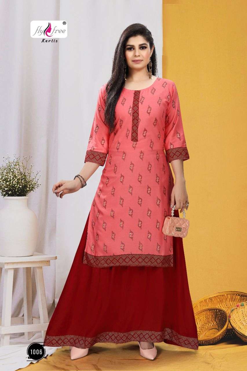 KANAK BY FLY FREE 1001 TO 1008 SERIES DESIGNER STYLISH FANCY COLORFUL BEAUTIFUL PARTY WEAR & ETHNIC WEAR COLLECTION RAYON KURTIS WITH BOTTOM AT WHOLESALE PRICE