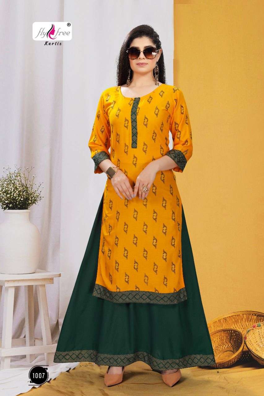 KANAK BY FLY FREE 1001 TO 1008 SERIES DESIGNER STYLISH FANCY COLORFUL BEAUTIFUL PARTY WEAR & ETHNIC WEAR COLLECTION RAYON KURTIS WITH BOTTOM AT WHOLESALE PRICE