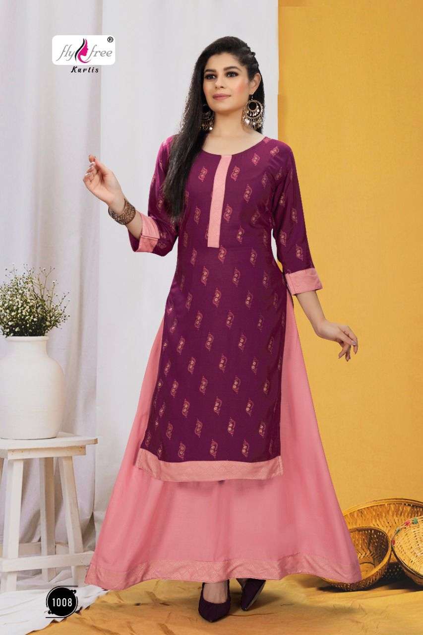 KANAK BY FLY FREE 1001 TO 1008 SERIES DESIGNER STYLISH FANCY COLORFUL BEAUTIFUL PARTY WEAR & ETHNIC WEAR COLLECTION RAYON KURTIS WITH BOTTOM AT WHOLESALE PRICE
