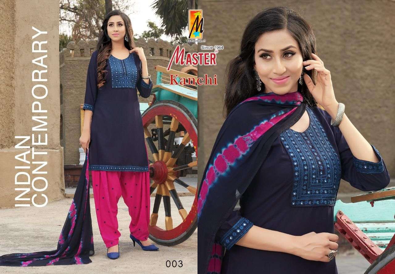 KANCHI BY MASTER 001 TO 08 SERIES BEAUTIFUL PATIYALA SUITS COLORFUL STYLISH FANCY CASUAL WEAR & ETHNIC WEAR RAYON DRESSES AT WHOLESALE PRICE
