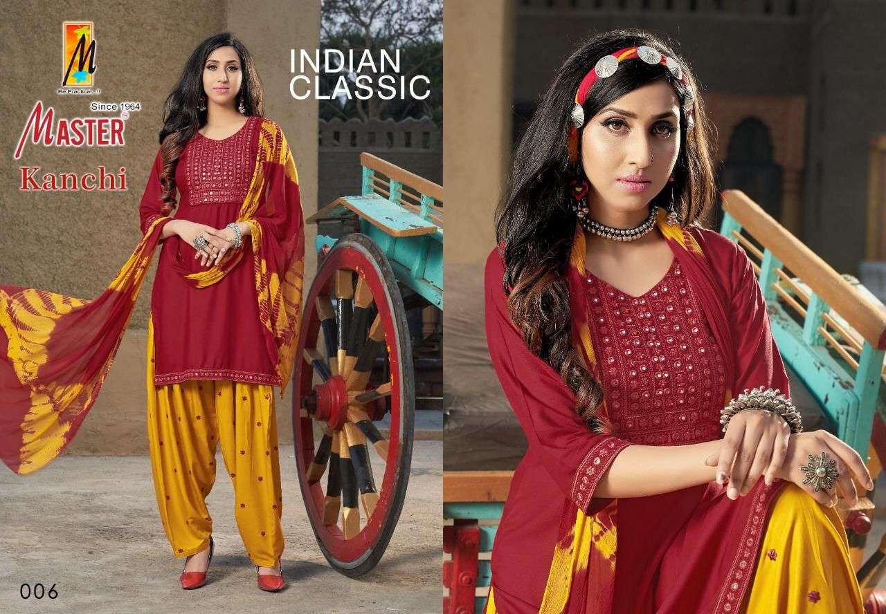 KANCHI BY MASTER 001 TO 08 SERIES BEAUTIFUL PATIYALA SUITS COLORFUL STYLISH FANCY CASUAL WEAR & ETHNIC WEAR RAYON DRESSES AT WHOLESALE PRICE