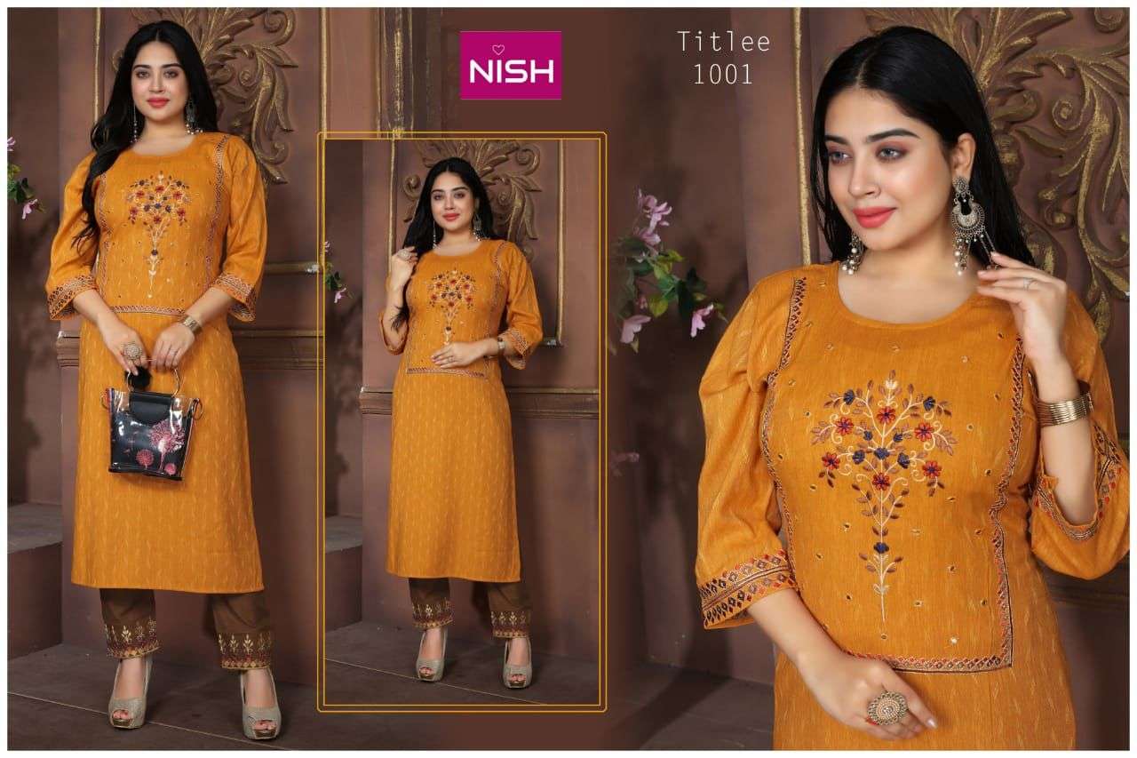 TITLEE BY NISH 1001 TO 1006 SERIES DESIGNER STYLISH FANCY COLORFUL BEAUTIFUL PARTY WEAR & ETHNIC WEAR COLLECTION HEAVY RAYON KURTIS WITH BOTTOM AT WHOLESALE PRICE
