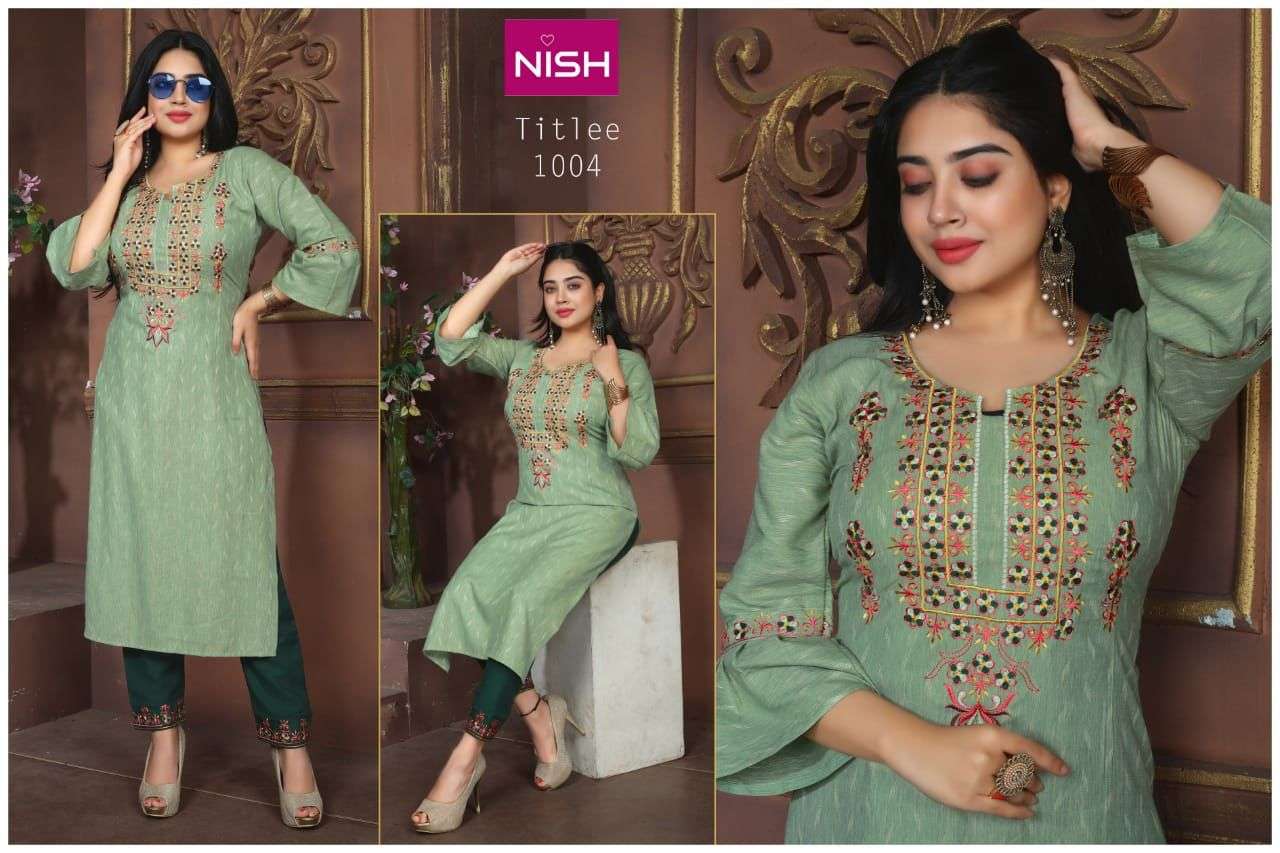 TITLEE BY NISH 1001 TO 1006 SERIES DESIGNER STYLISH FANCY COLORFUL BEAUTIFUL PARTY WEAR & ETHNIC WEAR COLLECTION HEAVY RAYON KURTIS WITH BOTTOM AT WHOLESALE PRICE