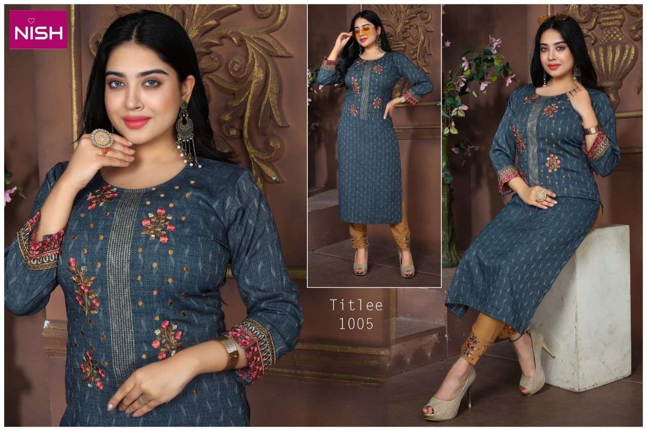 TITLEE BY NISH 1001 TO 1006 SERIES DESIGNER STYLISH FANCY COLORFUL BEAUTIFUL PARTY WEAR & ETHNIC WEAR COLLECTION HEAVY RAYON KURTIS WITH BOTTOM AT WHOLESALE PRICE