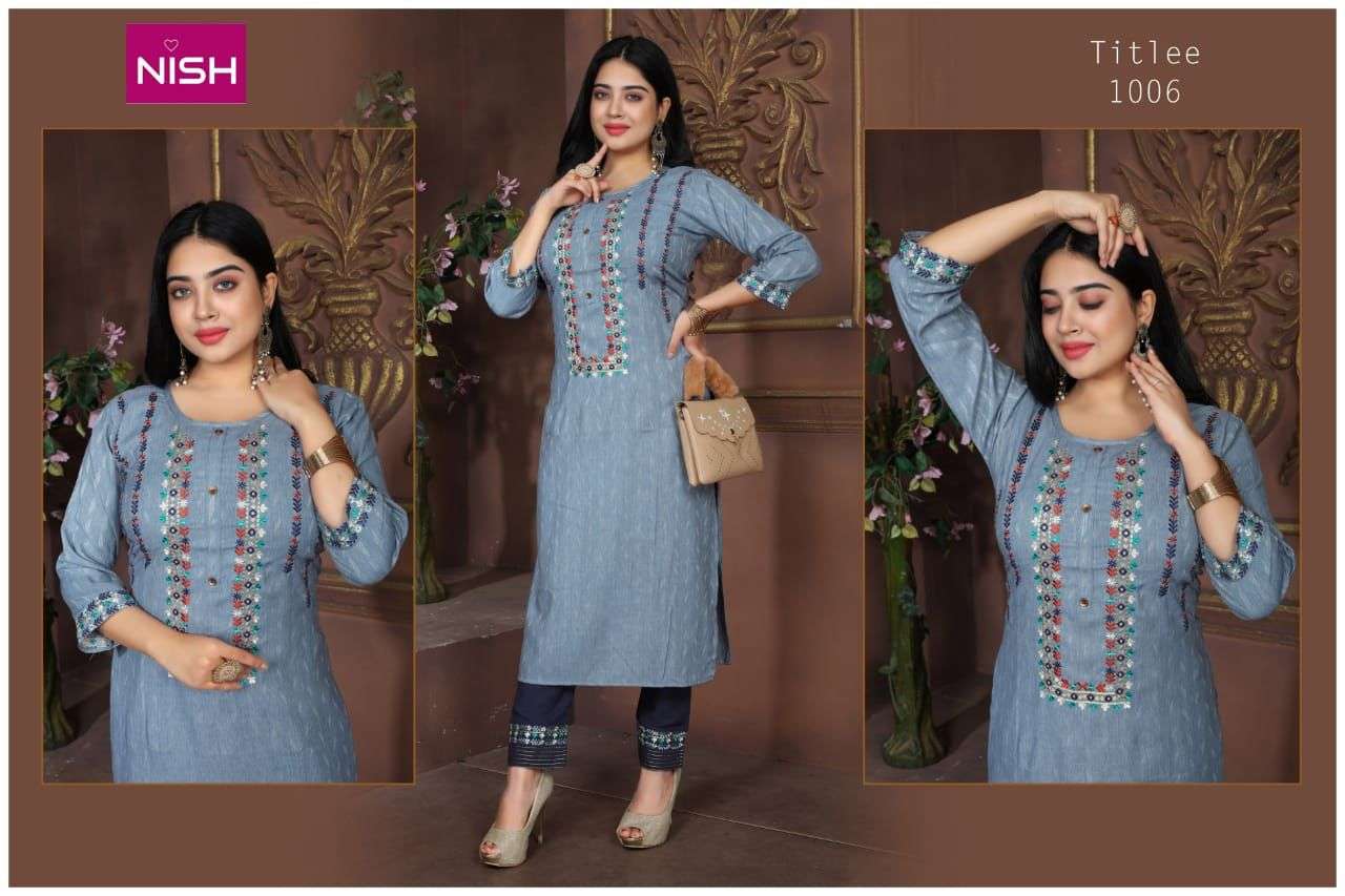 TITLEE BY NISH 1001 TO 1006 SERIES DESIGNER STYLISH FANCY COLORFUL BEAUTIFUL PARTY WEAR & ETHNIC WEAR COLLECTION HEAVY RAYON KURTIS WITH BOTTOM AT WHOLESALE PRICE