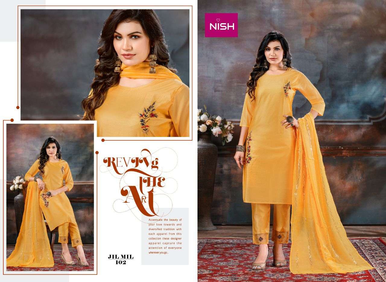 JIL MIL BY NISH 101 TO 106 SERIES BEAUTIFUL SUITS COLORFUL STYLISH FANCY CASUAL WEAR & ETHNIC WEAR PURE SILK DRESSES AT WHOLESALE PRICE