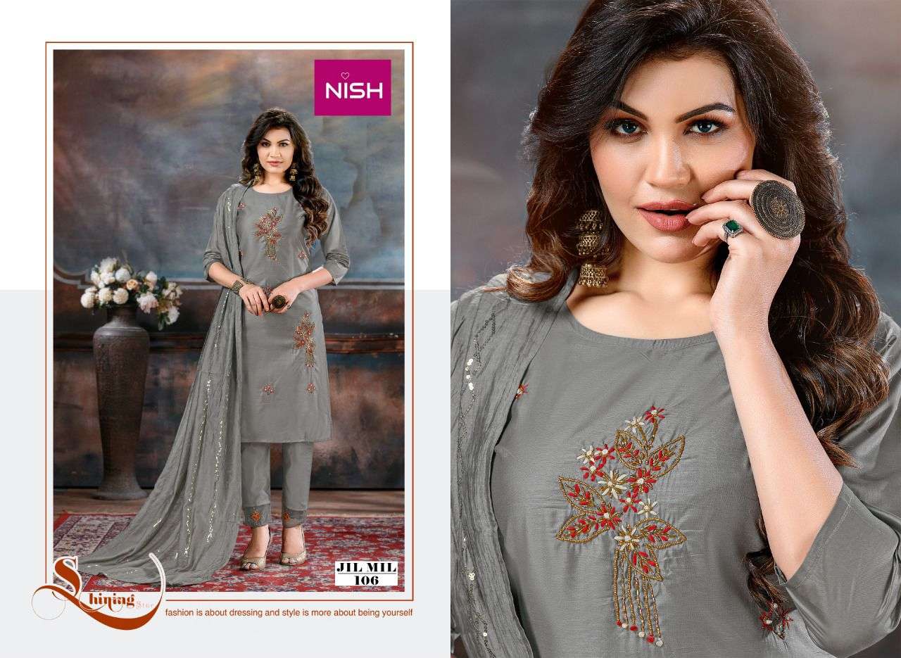 JIL MIL BY NISH 101 TO 106 SERIES BEAUTIFUL SUITS COLORFUL STYLISH FANCY CASUAL WEAR & ETHNIC WEAR PURE SILK DRESSES AT WHOLESALE PRICE