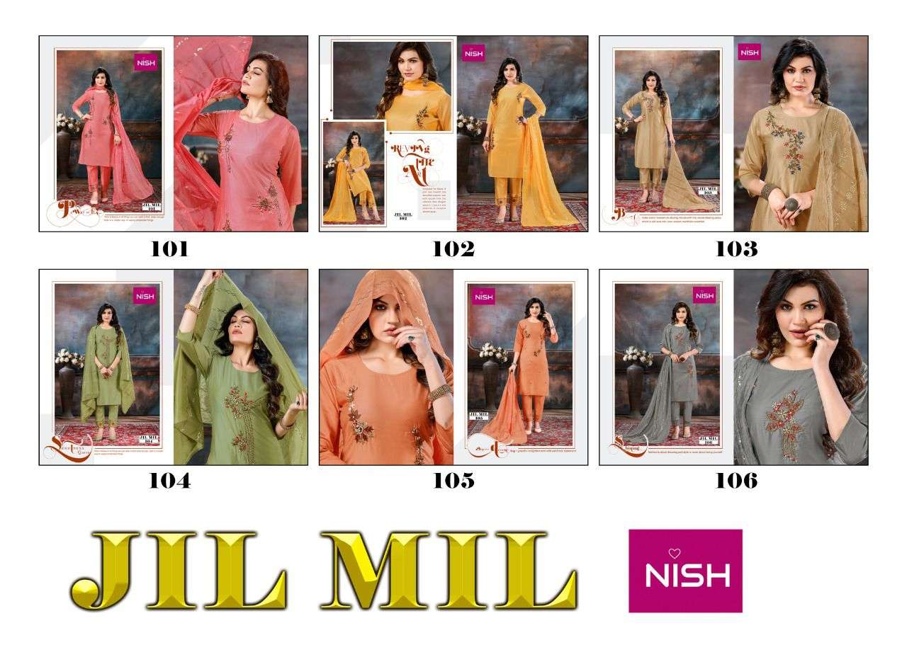 JIL MIL BY NISH 101 TO 106 SERIES BEAUTIFUL SUITS COLORFUL STYLISH FANCY CASUAL WEAR & ETHNIC WEAR PURE SILK DRESSES AT WHOLESALE PRICE