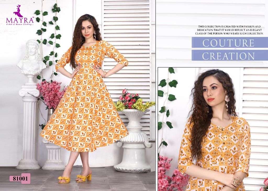 DHRITI BY MAYRA 81001 TO 81006 SERIES DESIGNER STYLISH FANCY COLORFUL BEAUTIFUL PARTY WEAR & ETHNIC WEAR COLLECTION RAYON PRINT KURTIS AT WHOLESALE PRICE