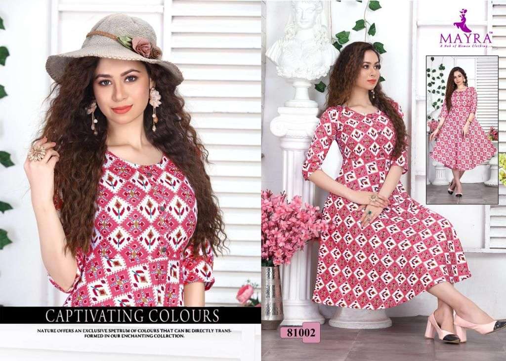 DHRITI BY MAYRA 81001 TO 81006 SERIES DESIGNER STYLISH FANCY COLORFUL BEAUTIFUL PARTY WEAR & ETHNIC WEAR COLLECTION RAYON PRINT KURTIS AT WHOLESALE PRICE