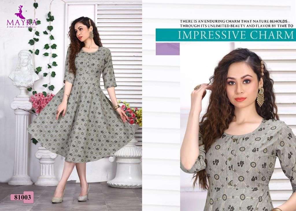 DHRITI BY MAYRA 81001 TO 81006 SERIES DESIGNER STYLISH FANCY COLORFUL BEAUTIFUL PARTY WEAR & ETHNIC WEAR COLLECTION RAYON PRINT KURTIS AT WHOLESALE PRICE