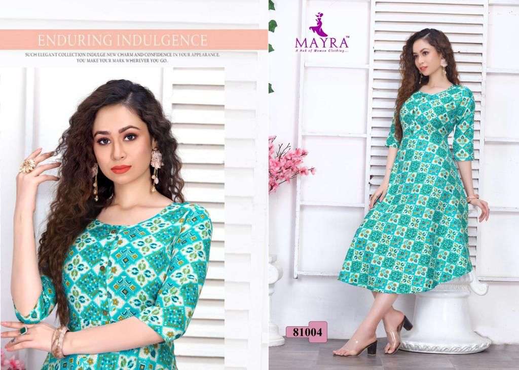 DHRITI BY MAYRA 81001 TO 81006 SERIES DESIGNER STYLISH FANCY COLORFUL BEAUTIFUL PARTY WEAR & ETHNIC WEAR COLLECTION RAYON PRINT KURTIS AT WHOLESALE PRICE