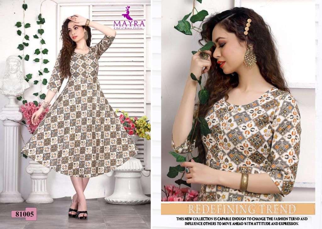 DHRITI BY MAYRA 81001 TO 81006 SERIES DESIGNER STYLISH FANCY COLORFUL BEAUTIFUL PARTY WEAR & ETHNIC WEAR COLLECTION RAYON PRINT KURTIS AT WHOLESALE PRICE