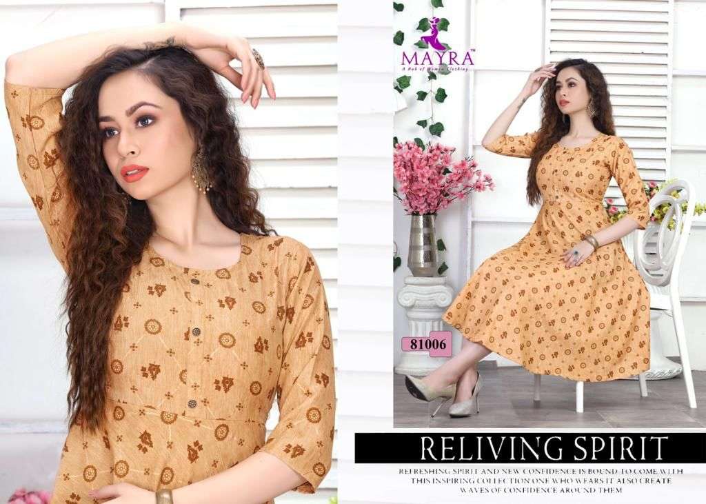 DHRITI BY MAYRA 81001 TO 81006 SERIES DESIGNER STYLISH FANCY COLORFUL BEAUTIFUL PARTY WEAR & ETHNIC WEAR COLLECTION RAYON PRINT KURTIS AT WHOLESALE PRICE