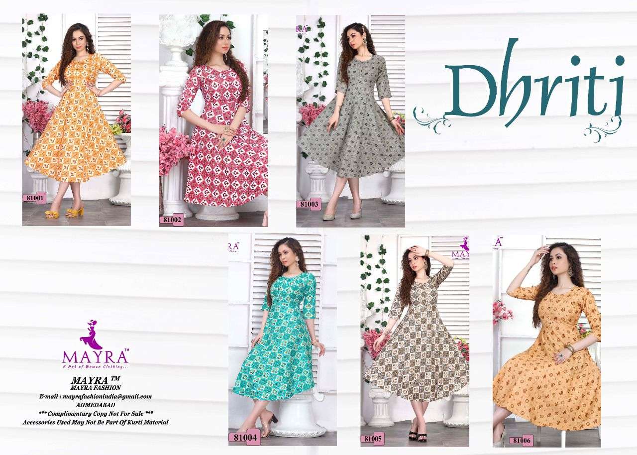 DHRITI BY MAYRA 81001 TO 81006 SERIES DESIGNER STYLISH FANCY COLORFUL BEAUTIFUL PARTY WEAR & ETHNIC WEAR COLLECTION RAYON PRINT KURTIS AT WHOLESALE PRICE