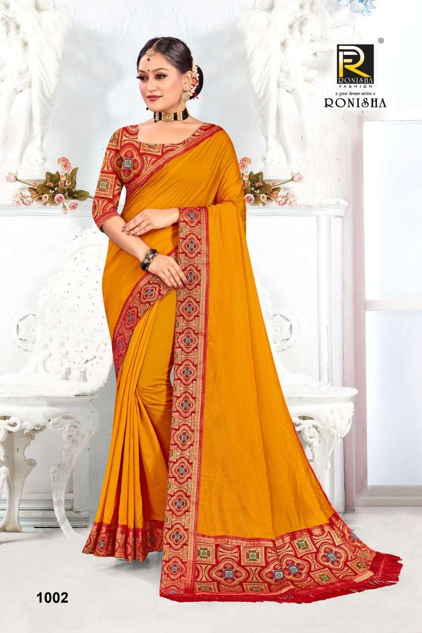 SHANAYA BY RONISHA FASHION 1001 TO 1008 SERIES INDIAN TRADITIONAL WEAR COLLECTION BEAUTIFUL STYLISH FANCY COLORFUL PARTY WEAR & OCCASIONAL WEAR VICHITRA SILK SAREES AT WHOLESALE PRICE