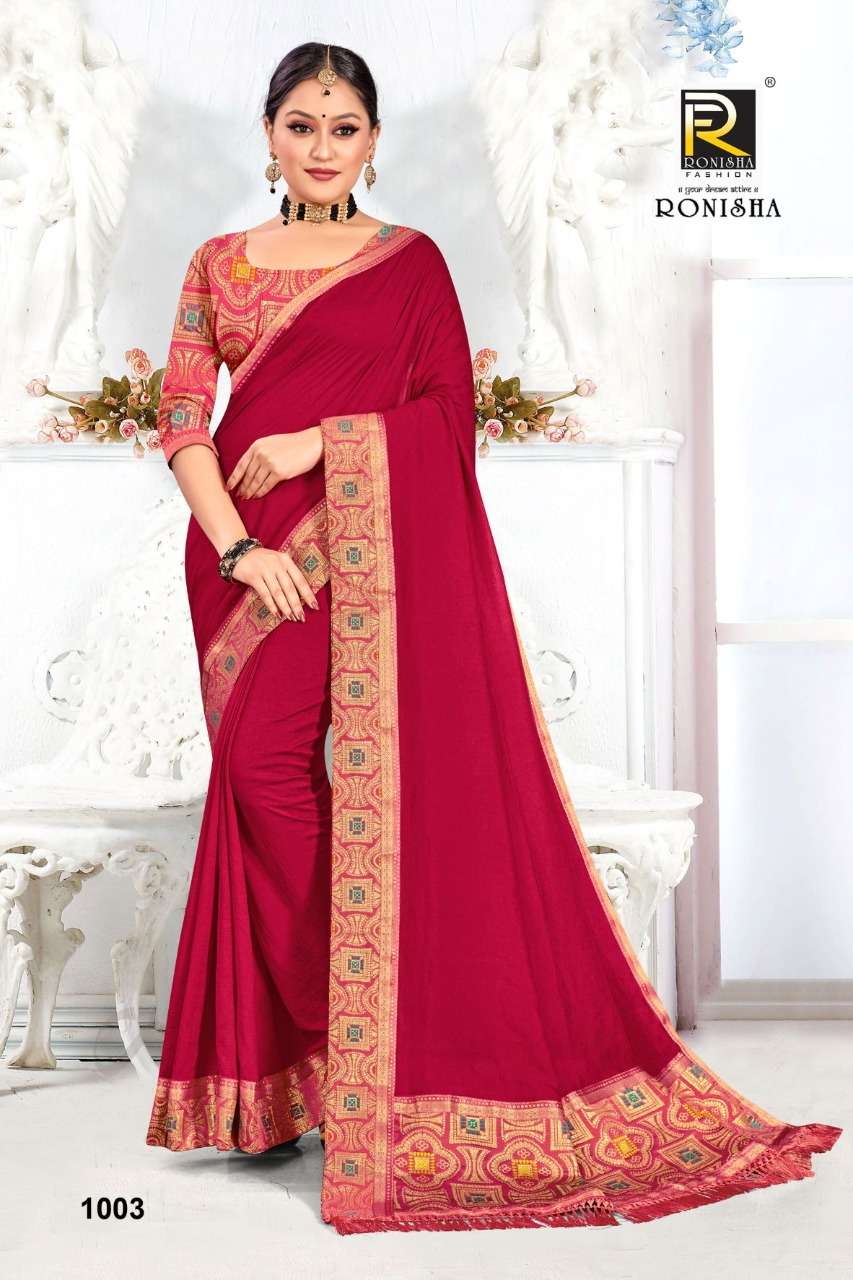 SHANAYA BY RONISHA FASHION 1001 TO 1008 SERIES INDIAN TRADITIONAL WEAR COLLECTION BEAUTIFUL STYLISH FANCY COLORFUL PARTY WEAR & OCCASIONAL WEAR VICHITRA SILK SAREES AT WHOLESALE PRICE