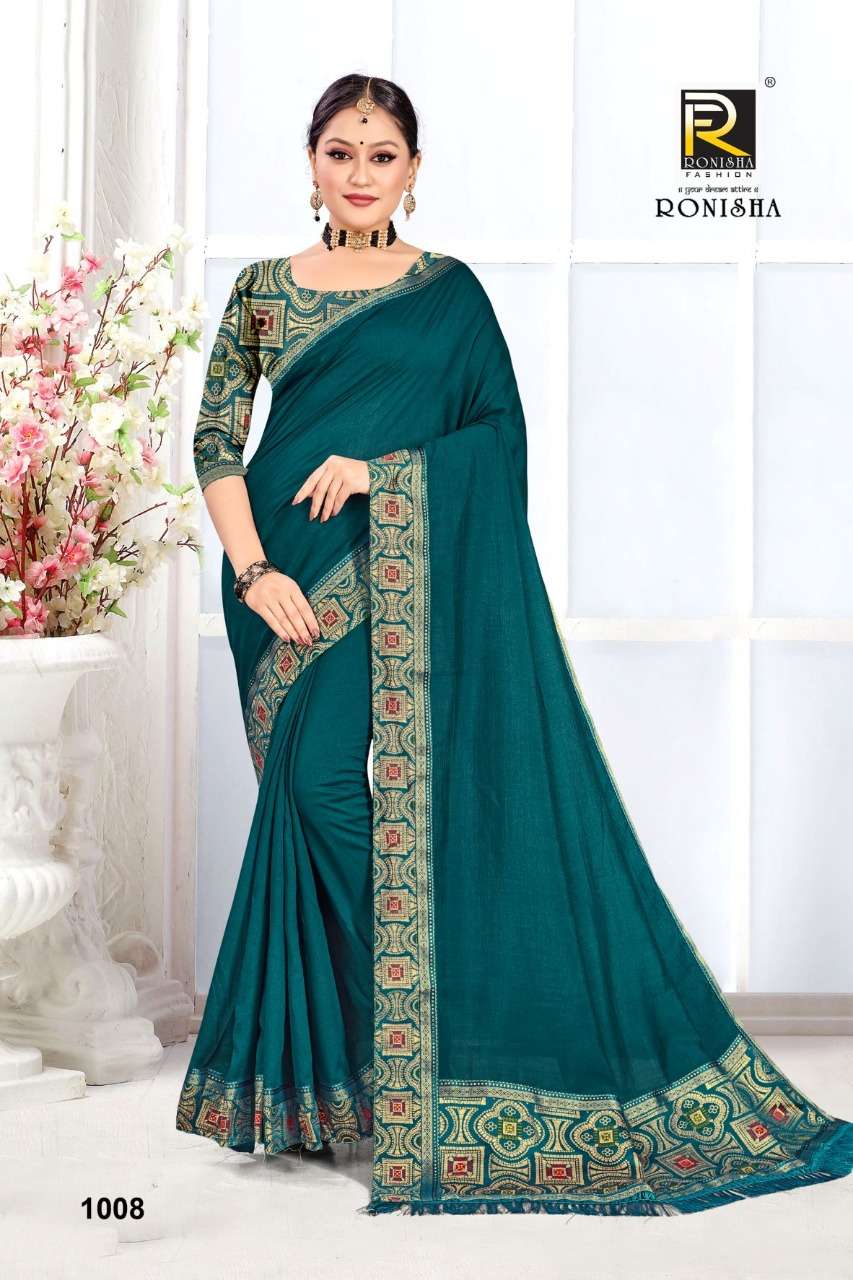 SHANAYA BY RONISHA FASHION 1001 TO 1008 SERIES INDIAN TRADITIONAL WEAR COLLECTION BEAUTIFUL STYLISH FANCY COLORFUL PARTY WEAR & OCCASIONAL WEAR VICHITRA SILK SAREES AT WHOLESALE PRICE