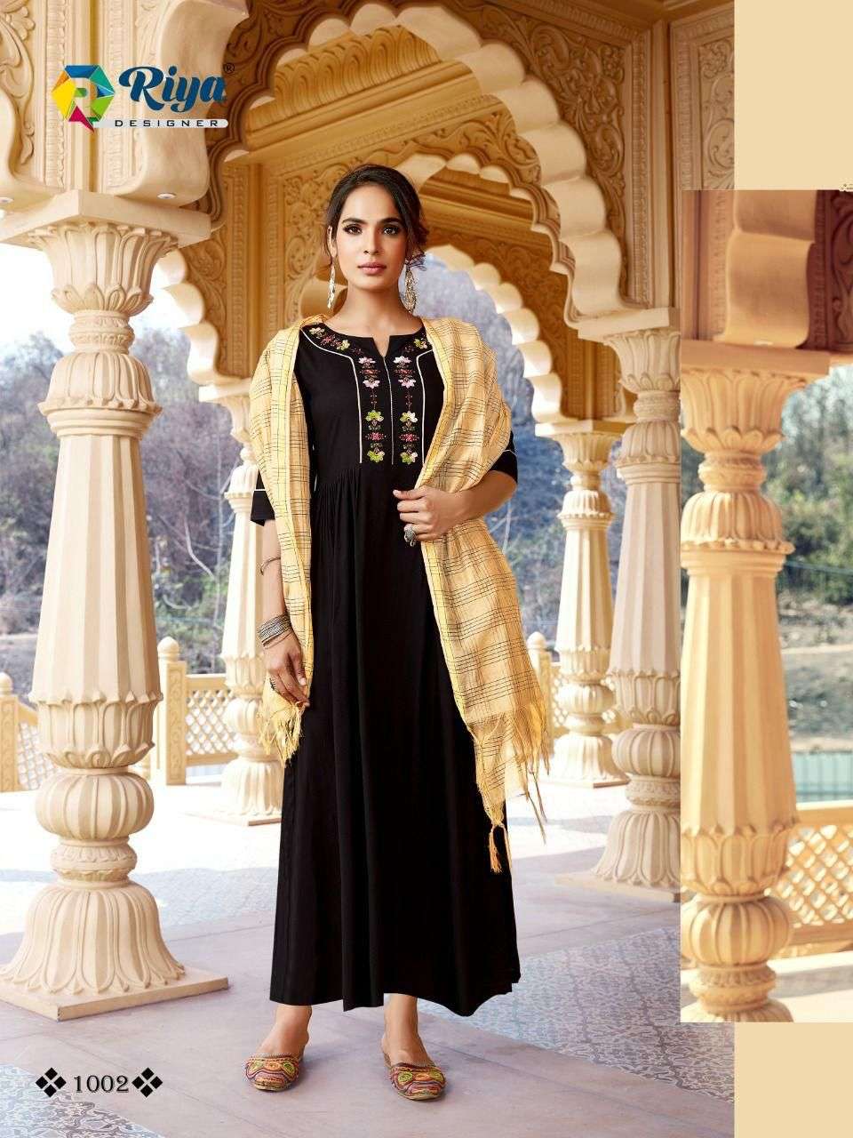 GHOOMAR BY RIYA DESIGNER 1001 TO 1005 SERIES BEAUTIFUL STYLISH FANCY COLORFUL CASUAL WEAR & ETHNIC WEAR RAYON GOWNS WITH DUPATTA AT WHOLESALE PRICE