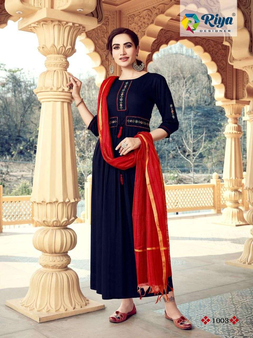 GHOOMAR BY RIYA DESIGNER 1001 TO 1005 SERIES BEAUTIFUL STYLISH FANCY COLORFUL CASUAL WEAR & ETHNIC WEAR RAYON GOWNS WITH DUPATTA AT WHOLESALE PRICE