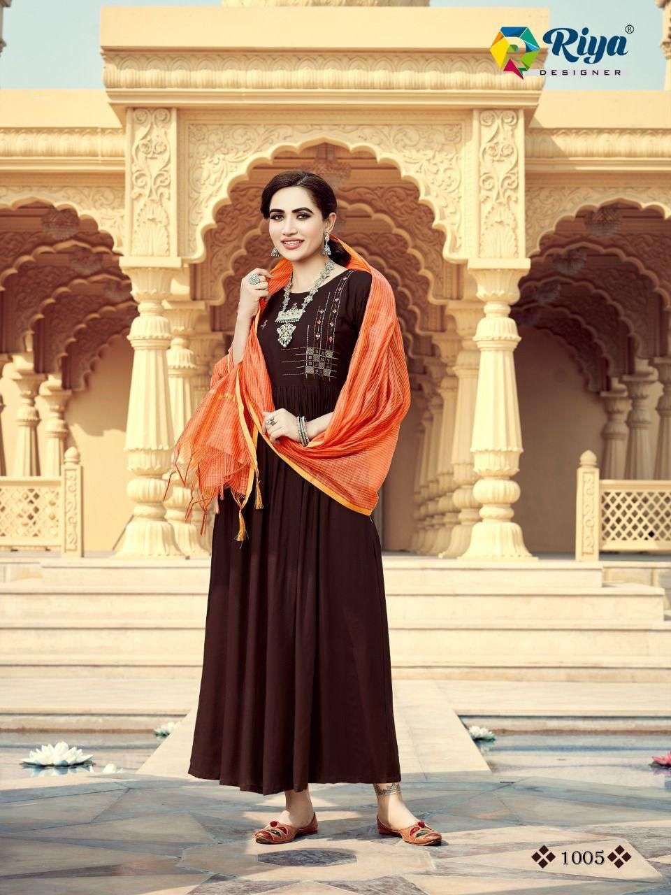 GHOOMAR BY RIYA DESIGNER 1001 TO 1005 SERIES BEAUTIFUL STYLISH FANCY COLORFUL CASUAL WEAR & ETHNIC WEAR RAYON GOWNS WITH DUPATTA AT WHOLESALE PRICE
