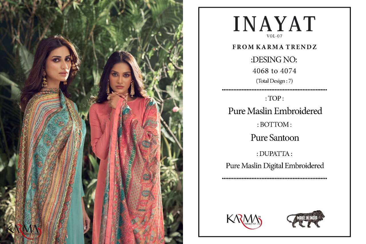 INAYAT VOL-7 BY KARMA TRENDZ 4068 TO 4074 SERIES BEAUTIFUL COLORFUL STYLISH PRETTY PARTY WEAR CASUAL WEAR OCCASIONAL WEAR PURE MUSLIN EMBROIDERED DRESSES AT WHOLESALE PRICE