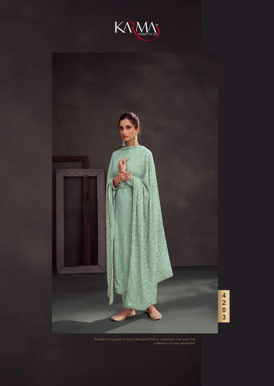 MIRAYA VOL-4 BY KARMA TRENDZ 4203 TO 4208 SERIES BEAUTIFUL COLORFUL STYLISH PRETTY PARTY WEAR CASUAL WEAR OCCASIONAL WEAR PURE GEORGETTE EMBROIDERED DRESSES AT WHOLESALE PRICE