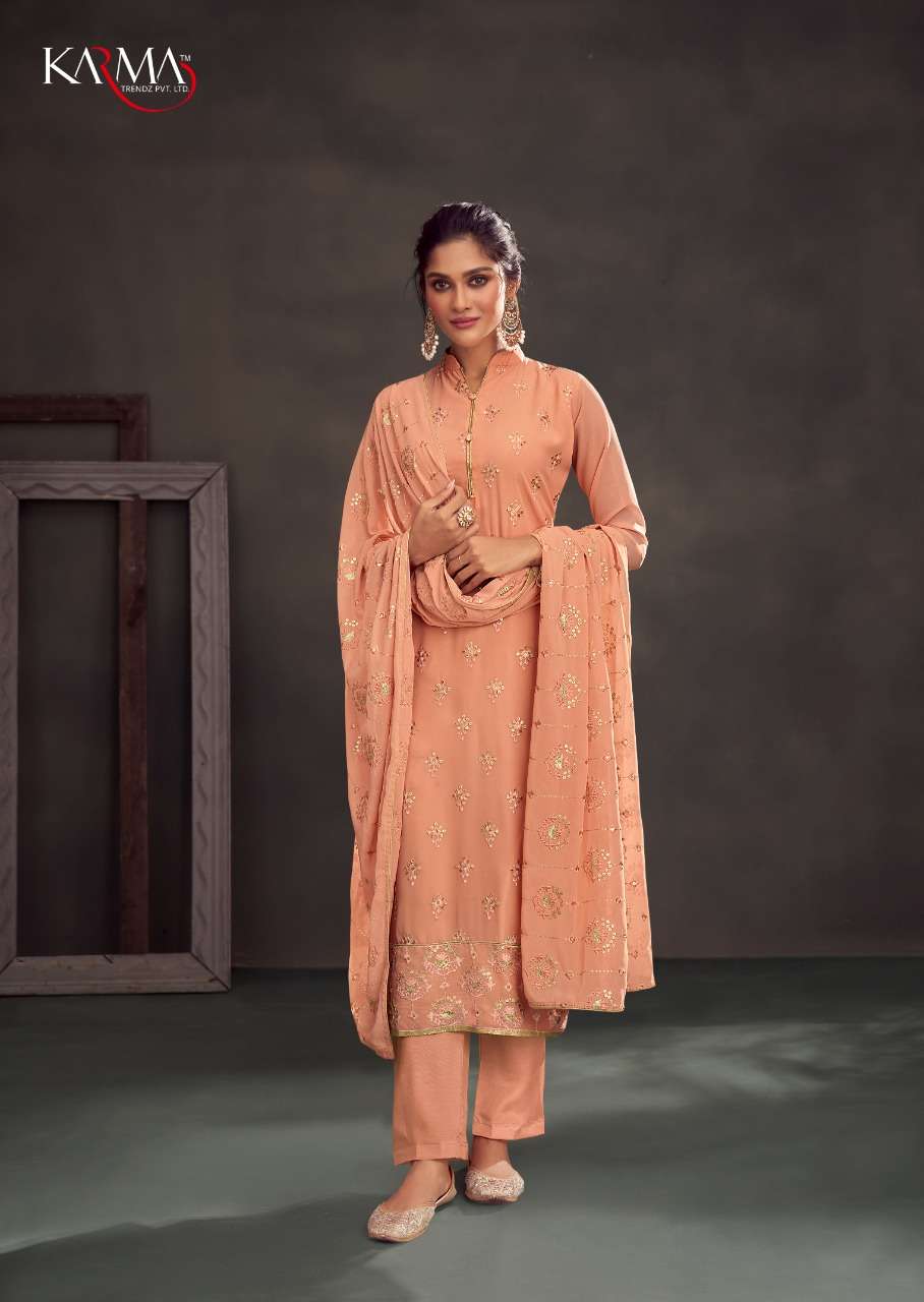 MIRAYA VOL-4 BY KARMA TRENDZ 4203 TO 4208 SERIES BEAUTIFUL COLORFUL STYLISH PRETTY PARTY WEAR CASUAL WEAR OCCASIONAL WEAR PURE GEORGETTE EMBROIDERED DRESSES AT WHOLESALE PRICE