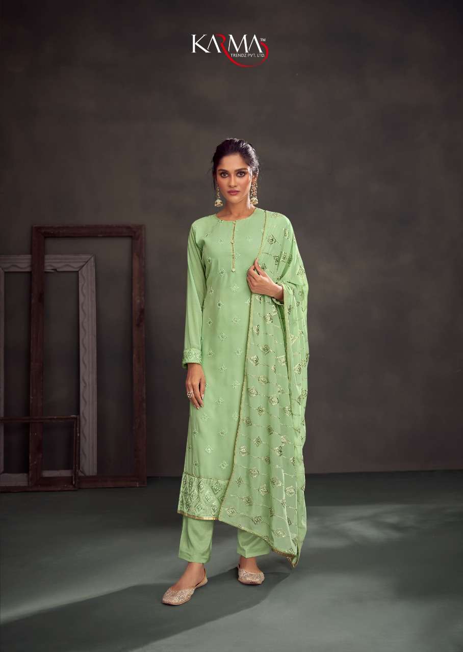 MIRAYA VOL-4 BY KARMA TRENDZ 4203 TO 4208 SERIES BEAUTIFUL COLORFUL STYLISH PRETTY PARTY WEAR CASUAL WEAR OCCASIONAL WEAR PURE GEORGETTE EMBROIDERED DRESSES AT WHOLESALE PRICE