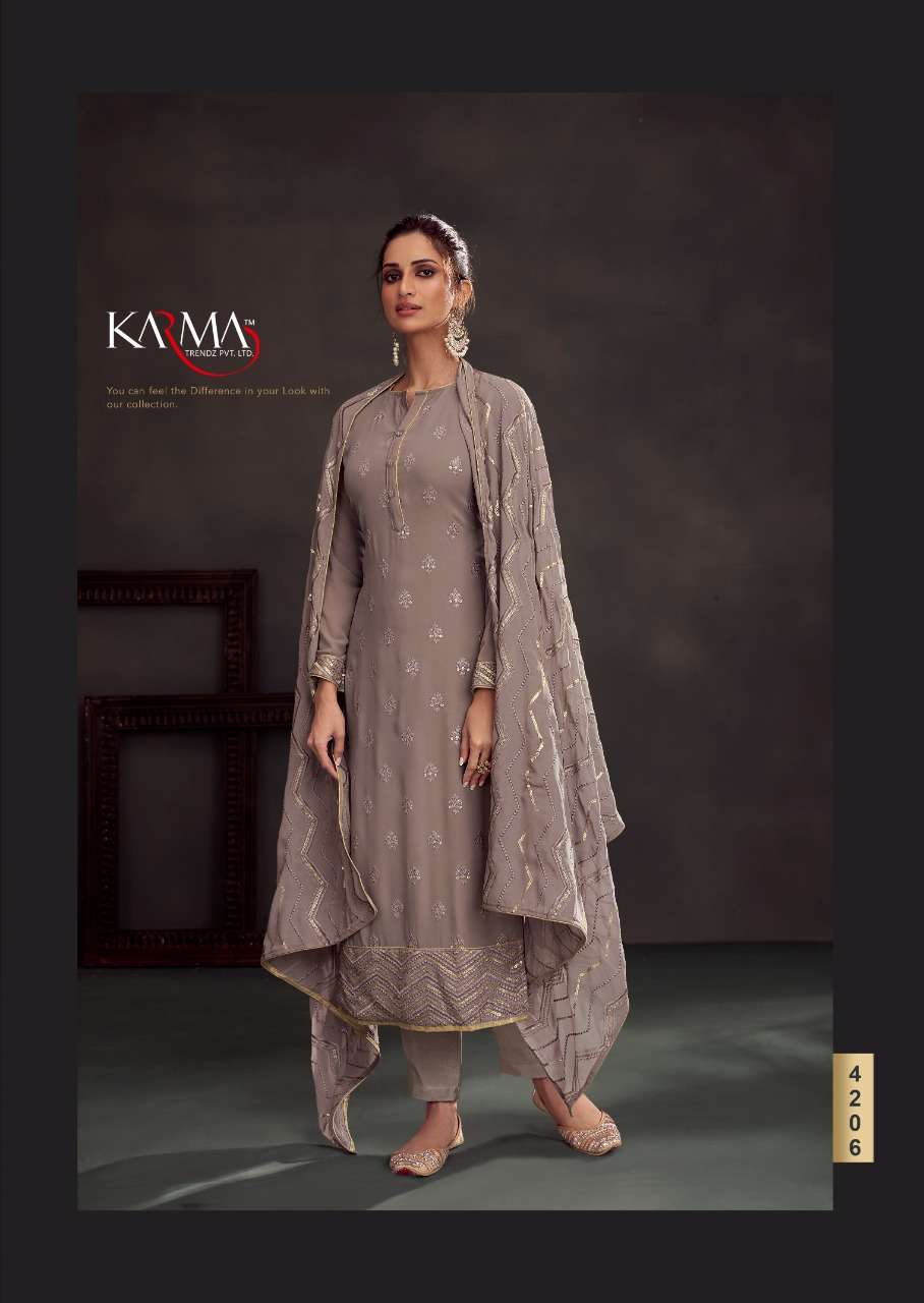 MIRAYA VOL-4 BY KARMA TRENDZ 4203 TO 4208 SERIES BEAUTIFUL COLORFUL STYLISH PRETTY PARTY WEAR CASUAL WEAR OCCASIONAL WEAR PURE GEORGETTE EMBROIDERED DRESSES AT WHOLESALE PRICE