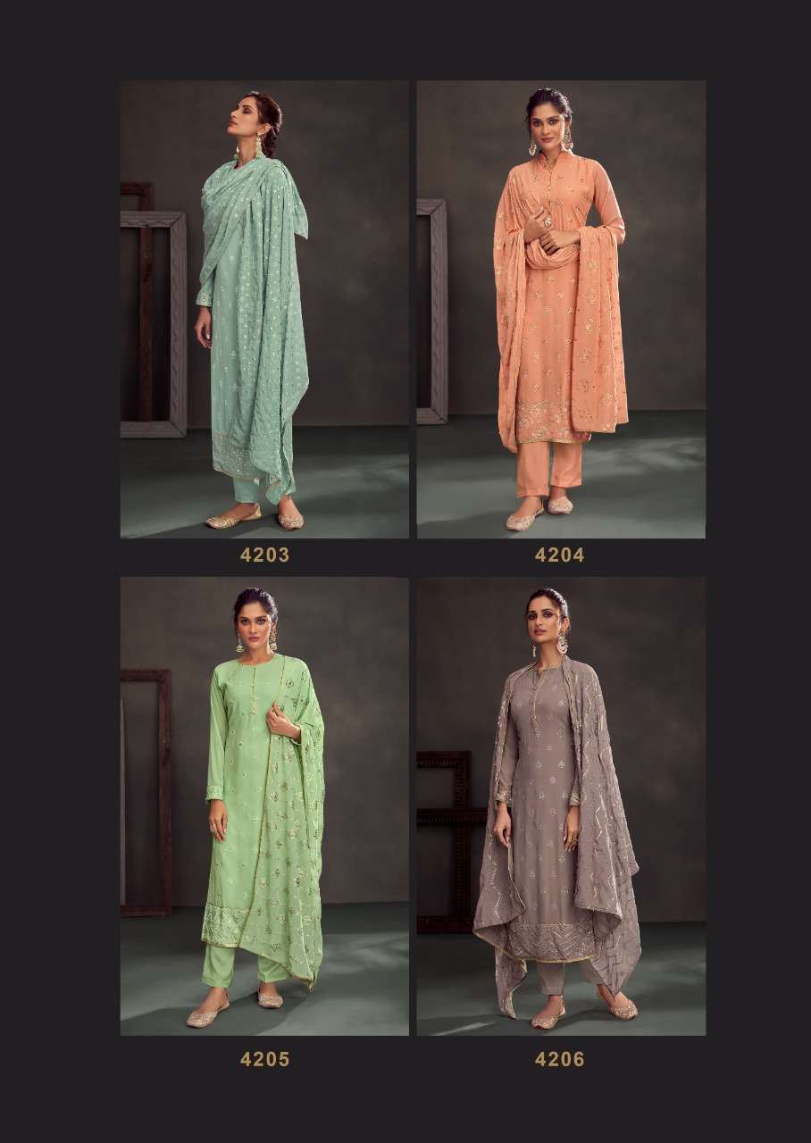MIRAYA VOL-4 BY KARMA TRENDZ 4203 TO 4208 SERIES BEAUTIFUL COLORFUL STYLISH PRETTY PARTY WEAR CASUAL WEAR OCCASIONAL WEAR PURE GEORGETTE EMBROIDERED DRESSES AT WHOLESALE PRICE