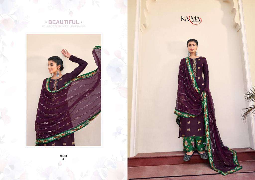 ZOEY VOL-3 BY KARMA TRENDZ 9333 TO 9339 SERIES BEAUTIFUL COLORFUL STYLISH PRETTY PARTY WEAR CASUAL WEAR OCCASIONAL WEAR PURE SILK JACQUARD DRESSES AT WHOLESALE PRICE