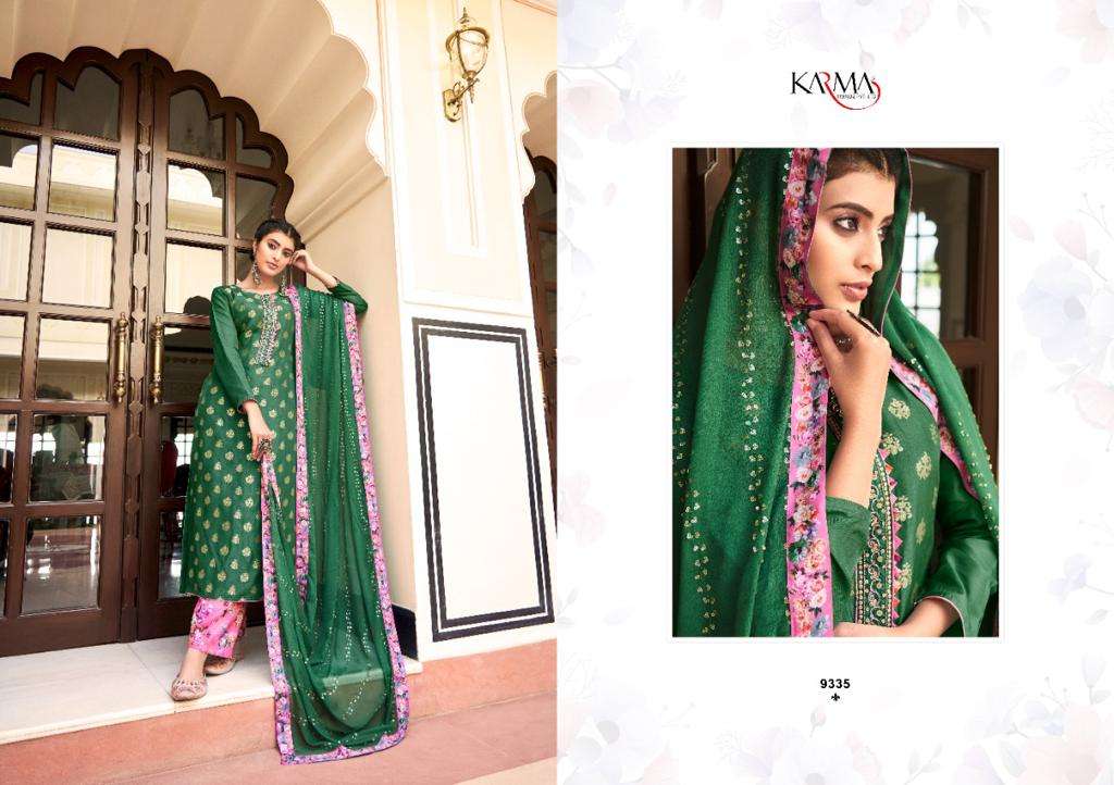 ZOEY VOL-3 BY KARMA TRENDZ 9333 TO 9339 SERIES BEAUTIFUL COLORFUL STYLISH PRETTY PARTY WEAR CASUAL WEAR OCCASIONAL WEAR PURE SILK JACQUARD DRESSES AT WHOLESALE PRICE