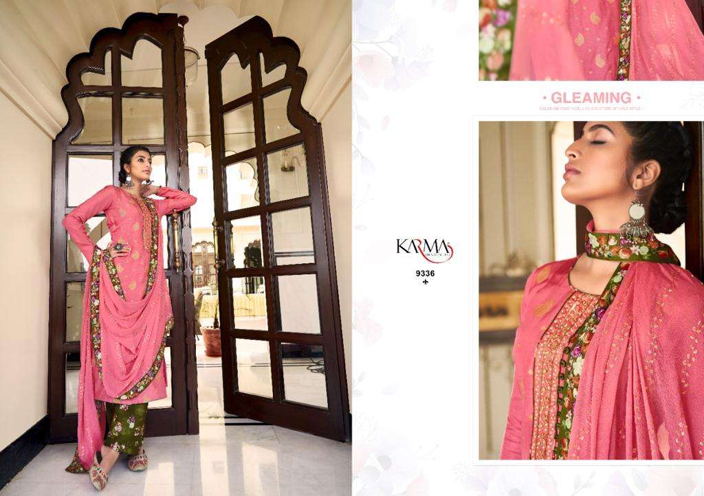 ZOEY VOL-3 BY KARMA TRENDZ 9333 TO 9339 SERIES BEAUTIFUL COLORFUL STYLISH PRETTY PARTY WEAR CASUAL WEAR OCCASIONAL WEAR PURE SILK JACQUARD DRESSES AT WHOLESALE PRICE