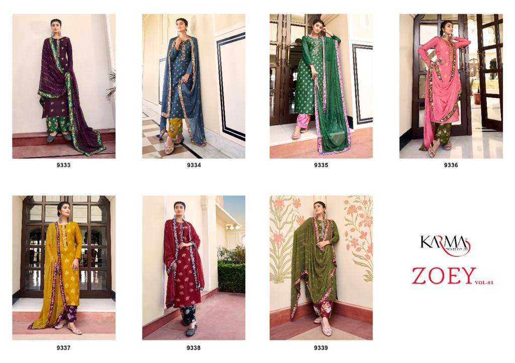 ZOEY VOL-3 BY KARMA TRENDZ 9333 TO 9339 SERIES BEAUTIFUL COLORFUL STYLISH PRETTY PARTY WEAR CASUAL WEAR OCCASIONAL WEAR PURE SILK JACQUARD DRESSES AT WHOLESALE PRICE