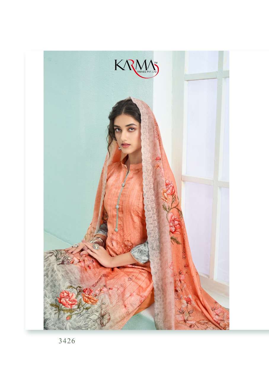 AZAA VOL-5 BY KARMA TRENDZ 3420 TO 3426 SERIES BEAUTIFUL STYLISH SUITS FANCY COLORFUL CASUAL WEAR & ETHNIC WEAR & READY TO WEAR PURE JAM COTTON EMBROIDERED DRESSES AT WHOLESALE PRICE