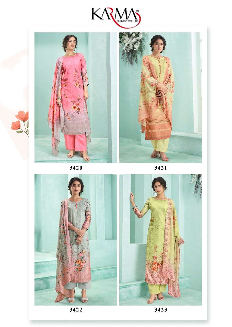 AZAA VOL-5 BY KARMA TRENDZ 3420 TO 3426 SERIES BEAUTIFUL STYLISH SUITS FANCY COLORFUL CASUAL WEAR & ETHNIC WEAR & READY TO WEAR PURE JAM COTTON EMBROIDERED DRESSES AT WHOLESALE PRICE