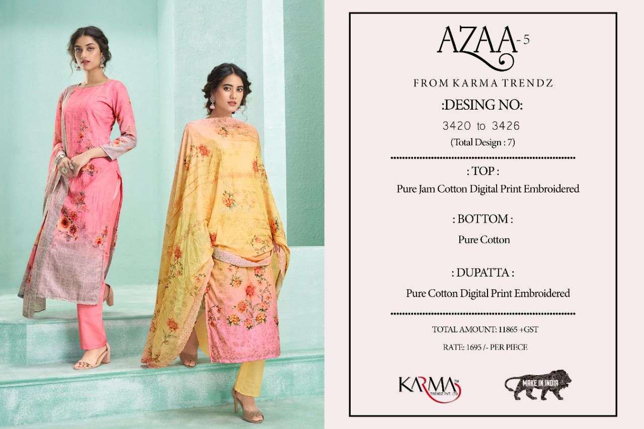AZAA VOL-5 BY KARMA TRENDZ 3420 TO 3426 SERIES BEAUTIFUL STYLISH SUITS FANCY COLORFUL CASUAL WEAR & ETHNIC WEAR & READY TO WEAR PURE JAM COTTON EMBROIDERED DRESSES AT WHOLESALE PRICE