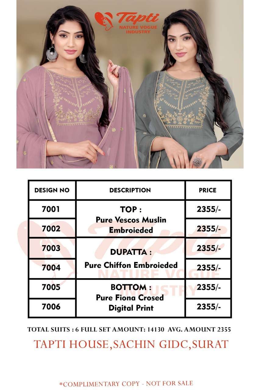 TAPTI 7001 SERIES BY TAPTI 7001 TO 7006 SERIES BEAUTIFUL SUITS COLORFUL STYLISH FANCY CASUAL WEAR & ETHNIC WEAR PURE VISCOSE MUSLIN EMBROIDERED DRESSES AT WHOLESALE PRICE