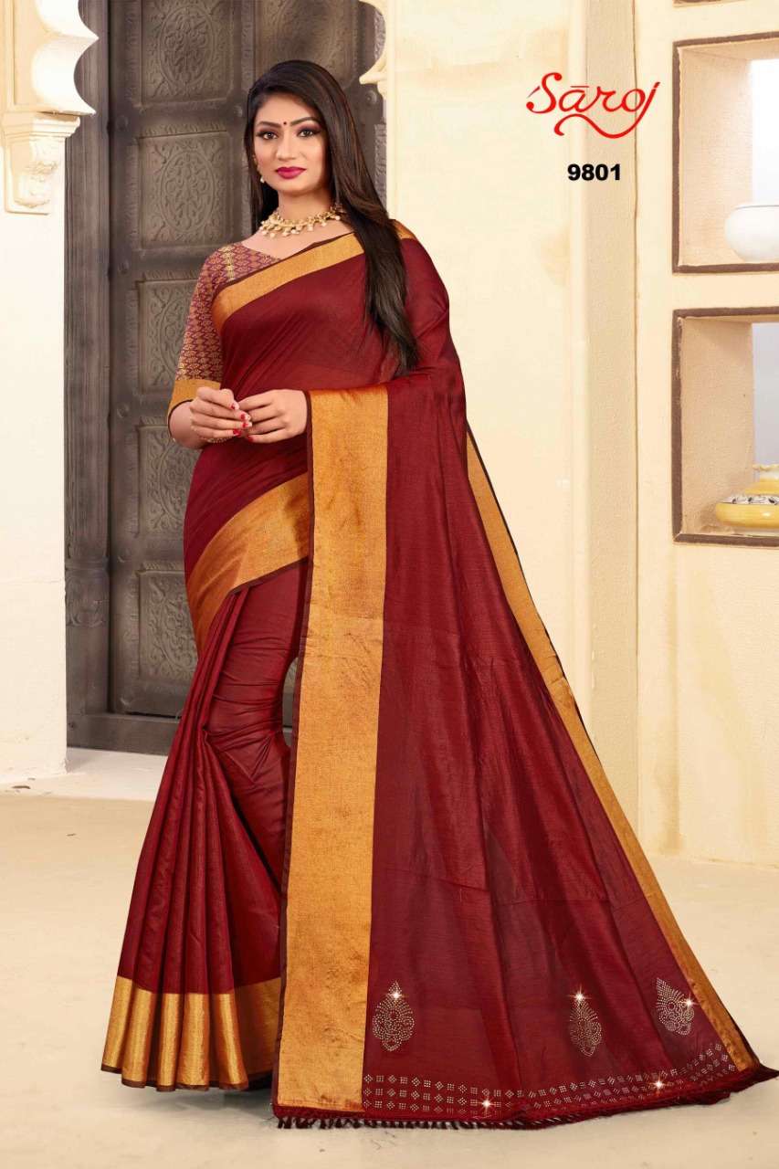 PARADISE BY SAROJ 9801 TO 9806 SERIES INDIAN TRADITIONAL WEAR COLLECTION BEAUTIFUL STYLISH FANCY COLORFUL PARTY WEAR & OCCASIONAL WEAR SOFT COTTON SAREES AT WHOLESALE PRICE