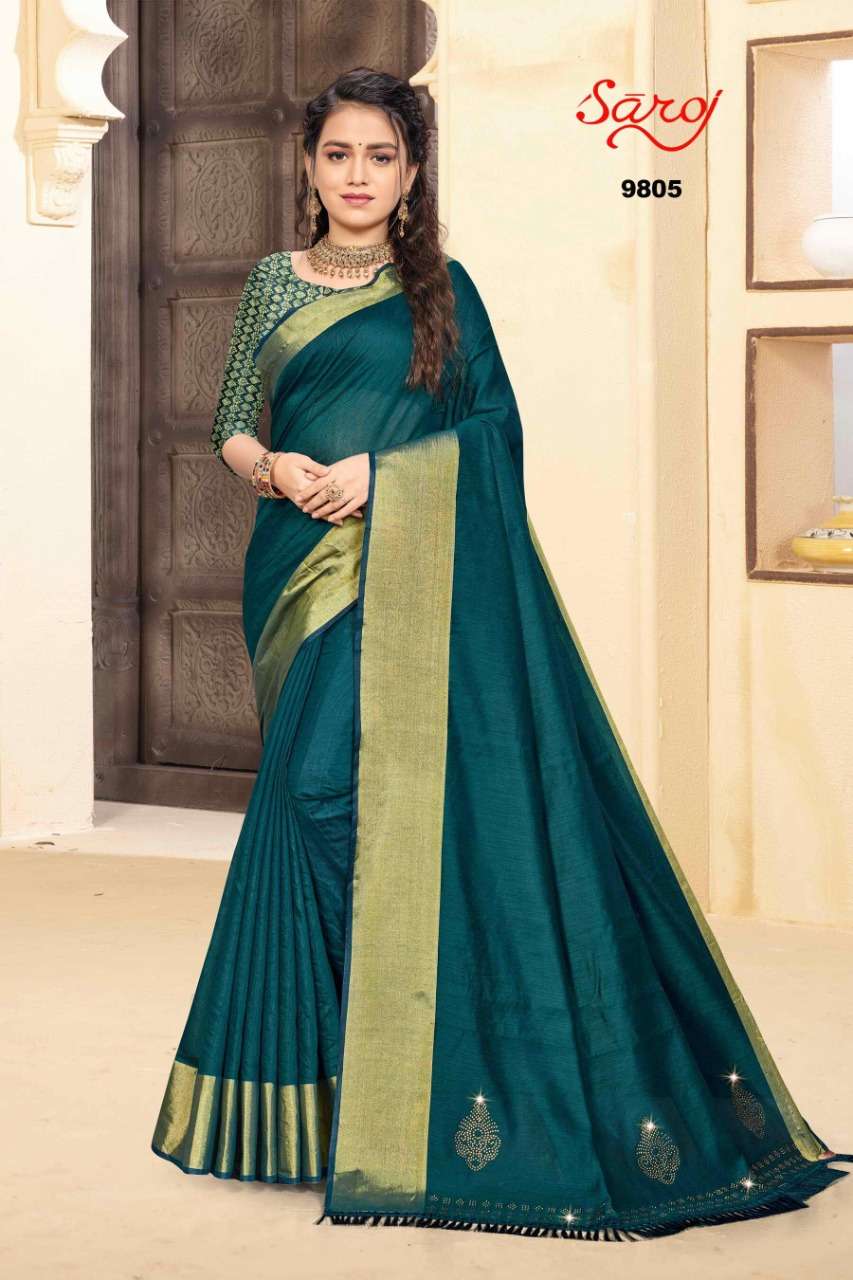 PARADISE BY SAROJ 9801 TO 9806 SERIES INDIAN TRADITIONAL WEAR COLLECTION BEAUTIFUL STYLISH FANCY COLORFUL PARTY WEAR & OCCASIONAL WEAR SOFT COTTON SAREES AT WHOLESALE PRICE