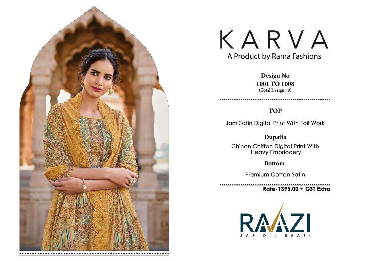 KARVA BY RAMA FASHION 1001 TO 1008 SERIES BEAUTIFUL SUITS COLORFUL STYLISH FANCY CASUAL WEAR & ETHNIC WEAR JAM SATIN DIGITAL PRINT DRESSES AT WHOLESALE PRICE