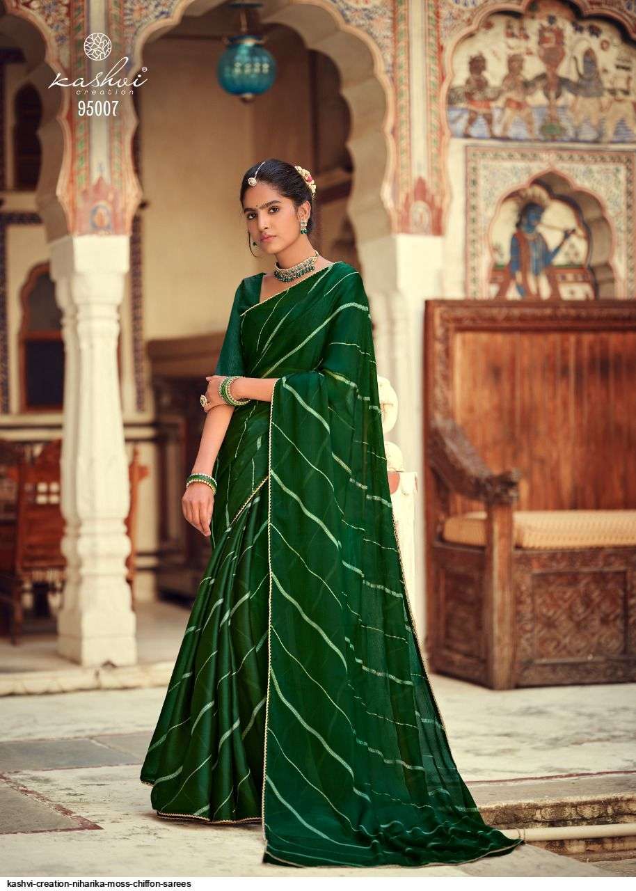 NIHARIKA BY KASHVI CREATION 95001 TO 95010 SERIES INDIAN TRADITIONAL WEAR COLLECTION BEAUTIFUL STYLISH FANCY COLORFUL PARTY WEAR & OCCASIONAL WEAR CHIFFON MOSS SAREES AT WHOLESALE PRICE