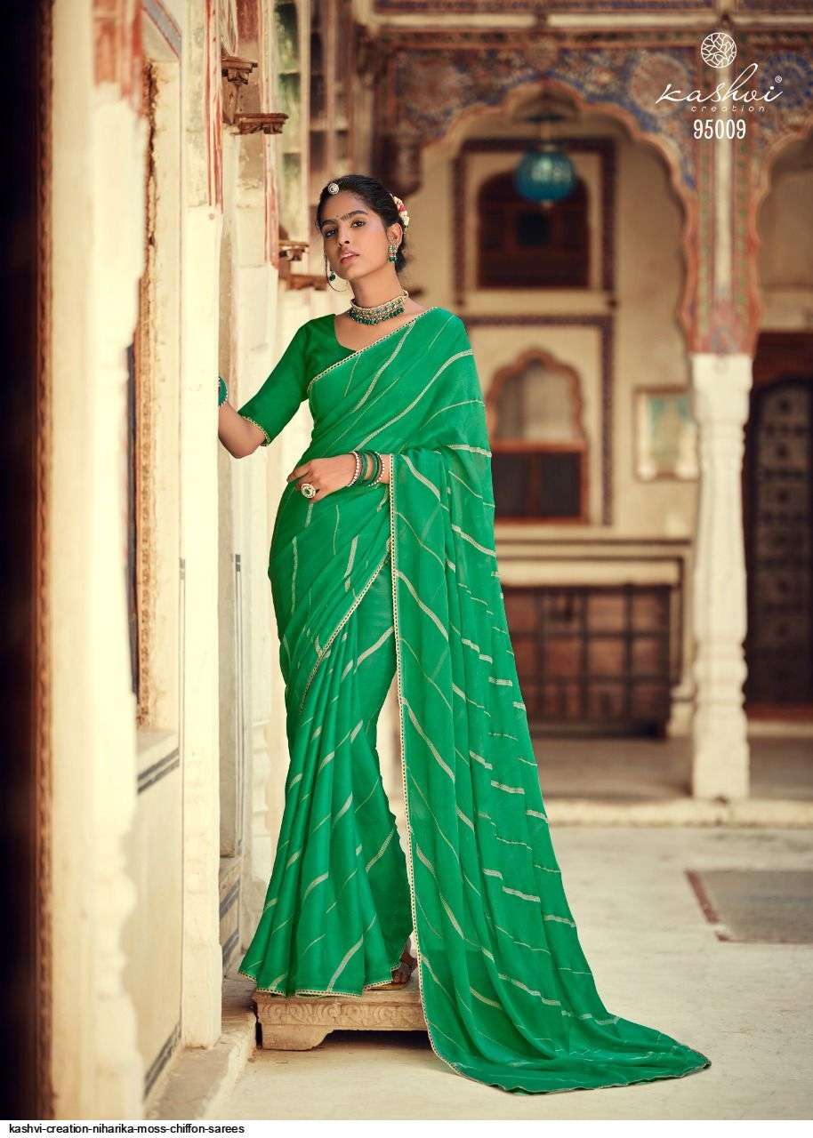 NIHARIKA BY KASHVI CREATION 95001 TO 95010 SERIES INDIAN TRADITIONAL WEAR COLLECTION BEAUTIFUL STYLISH FANCY COLORFUL PARTY WEAR & OCCASIONAL WEAR CHIFFON MOSS SAREES AT WHOLESALE PRICE